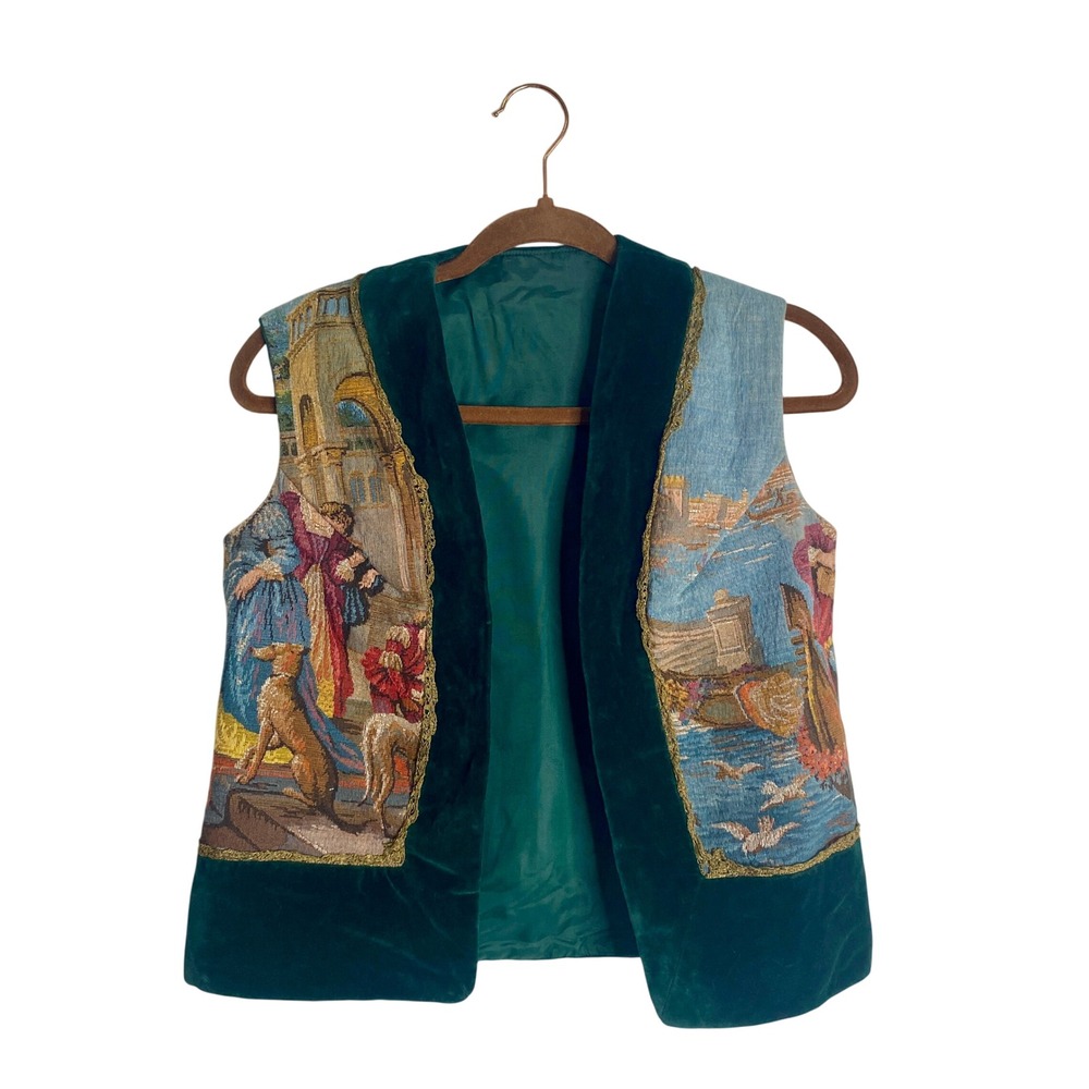 Vintage 70s Tapestry Vest Green Velvet Venetian Gondola Renaissance Boho